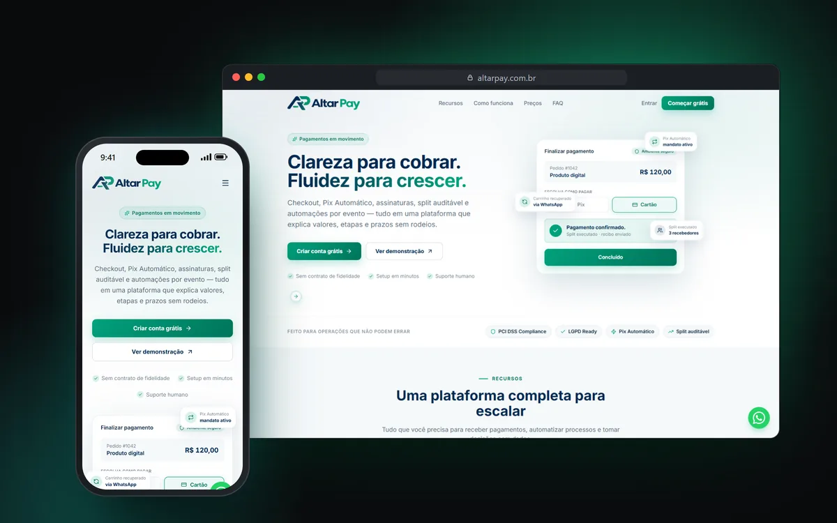 Site do Altar Pay no computador e no celular