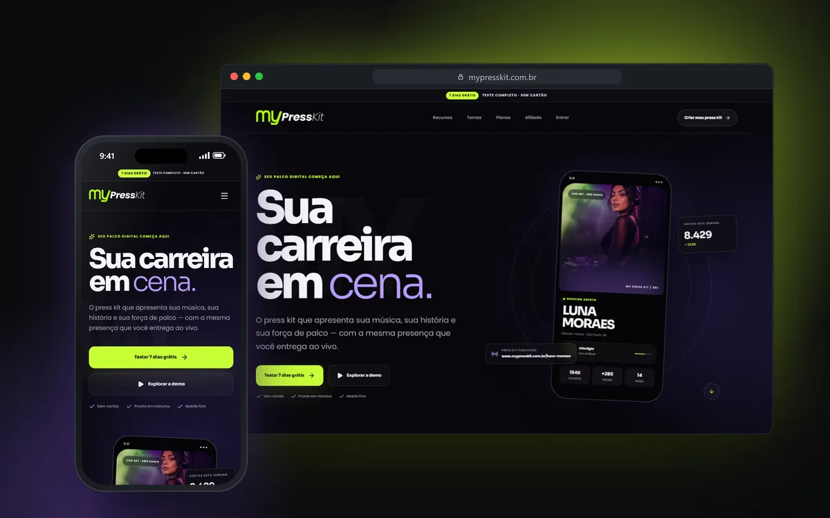 Site do My Press Kit no computador e no celular