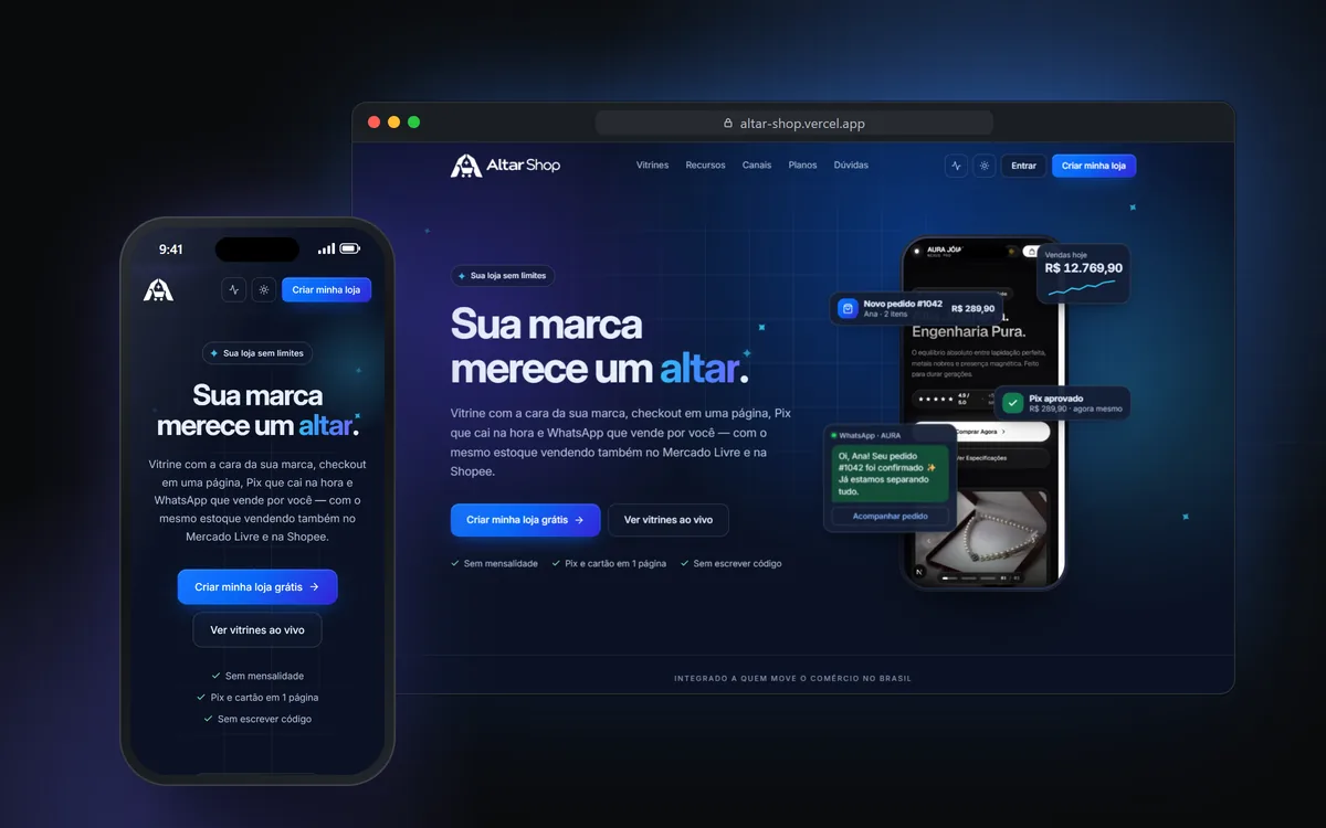 Site do Altar Shop no computador e no celular