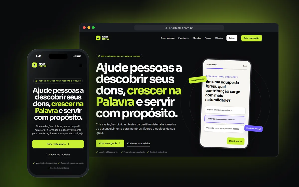 Site do Altar Testes no computador e no celular